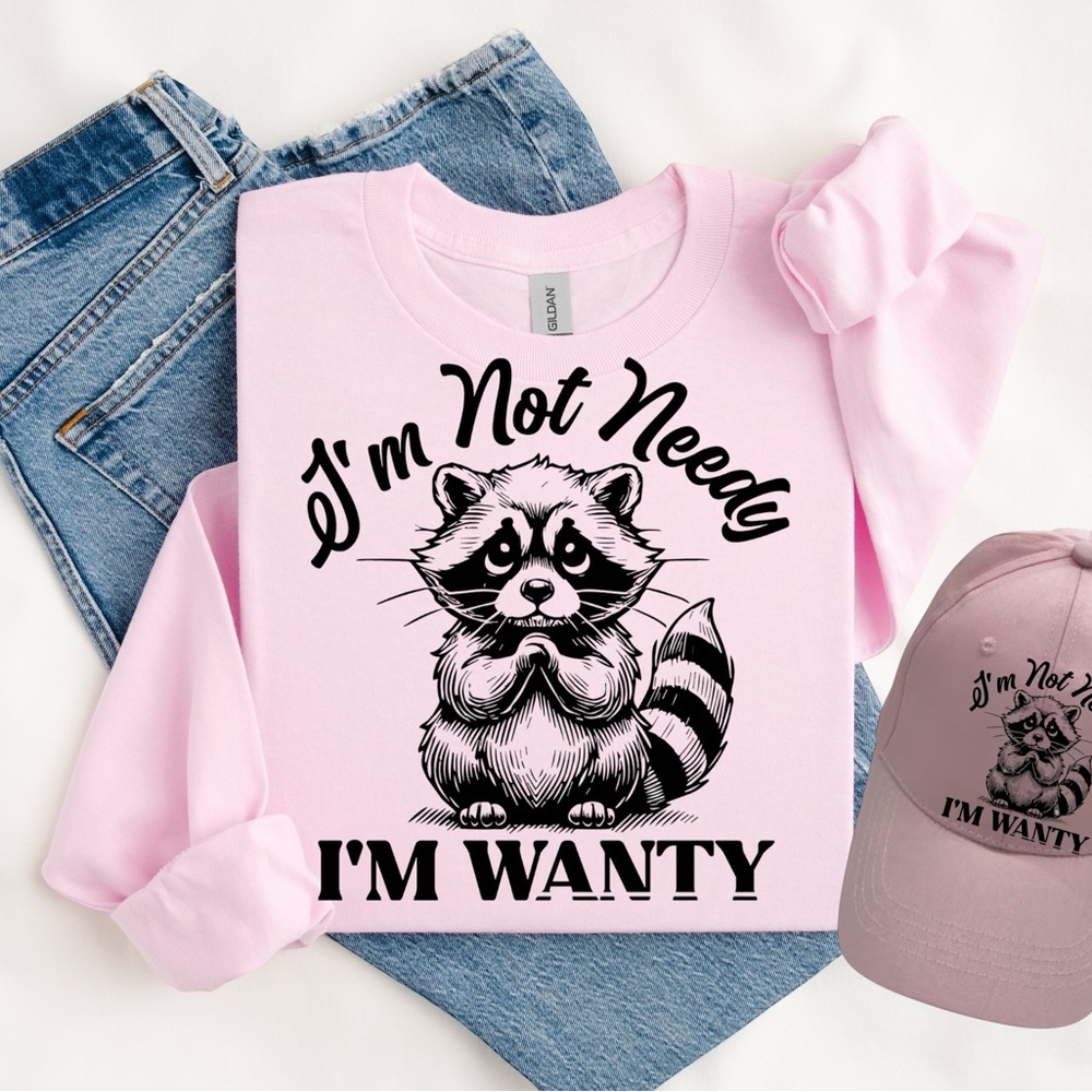 Set Funny Racoon T-shirt and Hat I am not needy I'm Wanty S M L XL New White